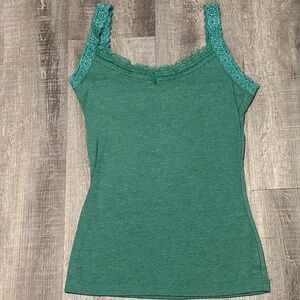 💞 Women’s Size Large Heather Green Vanity Shelf-Bra Lace Trim Cami Tank Top